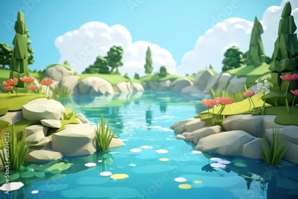 Fototapeta Pond landscape outdoors cartoon.
