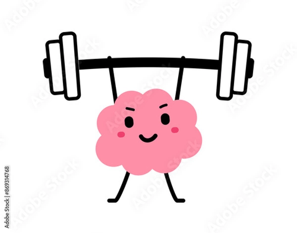 Fototapeta Vector cartoon illustration of strong happy brain character lift barbell on white color background. Flat doodle style design of smile healthy brain exercise with weight