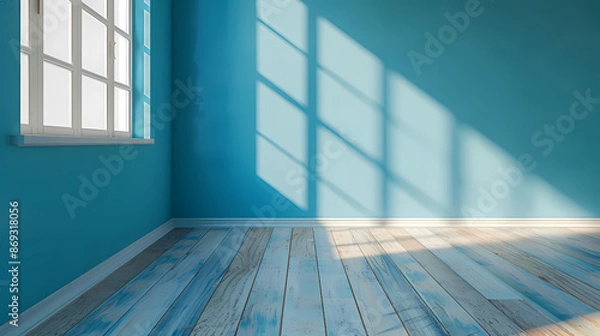 Fototapeta Empty room with blue wall and wooden floor