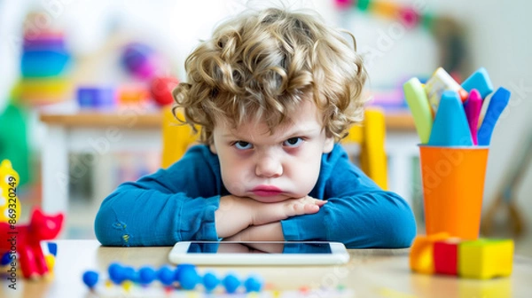 Obraz A young boy is sitting at a table with a tablet in front of him. He looks unhappy and is frowning. Concept back to school