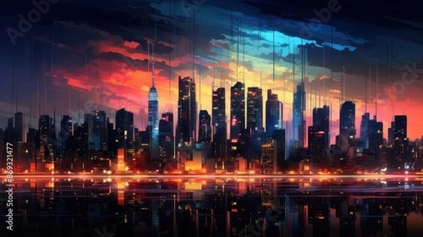 Fototapeta Modern city at sunset. Retrowave.