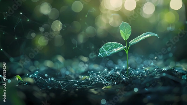 Fototapeta Abstract digital green plant growing in soil, artificial intelligence and big data concept background