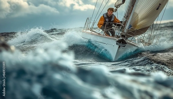 Fototapeta A sailor is focused on maneuvering a sailboat through tumultuous sea waves under an overcast sky