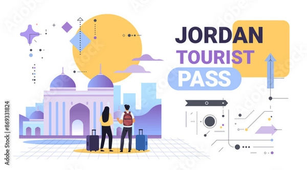 Fototapeta Travelers with luggage standing in front of a mosque with a large sun in the background surrounded by abstract geometric shapes and cityscape