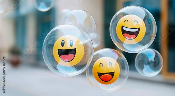 Obraz Transparent bubbles with smiling emoji faces floating in an urban setting.