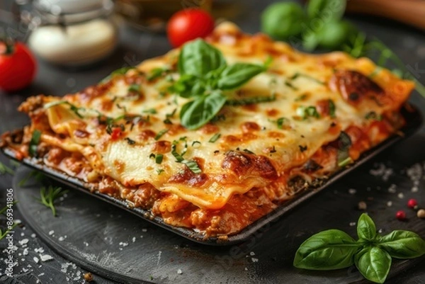 Fototapeta A large lasagna with a basil leaf on top