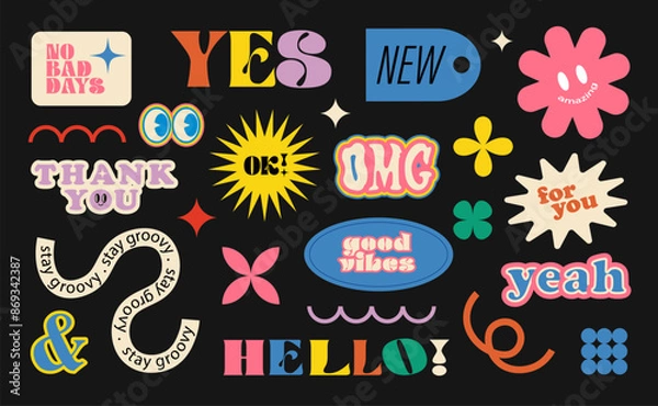 Fototapeta Abstract shapes sticker pack. Groovy circle oval rectangle arch eyes typography in trendy retro 90s cartoon style. Brutalism aesthetic.