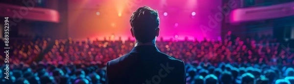 Fototapeta Rule of thirds composition shot ofA man in a business suit or speaker at conferences and business presentations is giving a speech on stage in front of an audience