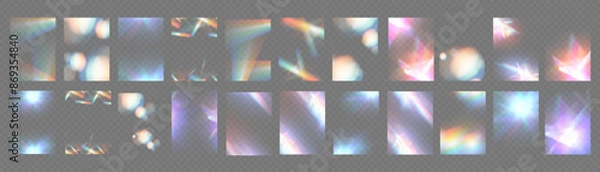 Fototapeta Crystal light glasses effect sparkle prism glare reflection effect. Banner optical rainbow lights, glare, leak, streak overlay. falling confetti. Vector banner colorful vector lenses and light flares.