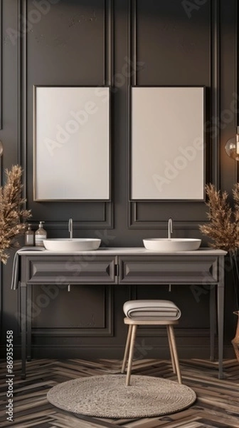 Fototapeta Serene bathroom with a blank frame above the vanity