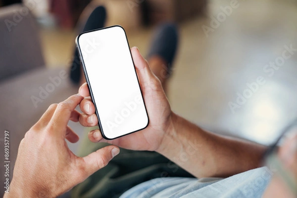 Fototapeta cell phone blank white screen mockup.hand holding texting using mobile on desk at office.background empty space for advertise.work people contact marketing business,technology