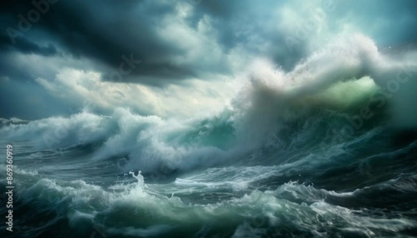 Obraz This captivating image captures the sheer power of the ocean as massive waves crash and churn under a sky filled with ominous storm clouds, embodying nature's raw and relentless energy.