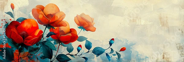 Fototapeta Elegant Red Flowers. Beautiful digital painting of elegant red flowers with green leaves on soft, textured background. The composition exudes sophistication and grace, perfect for decorative purposes