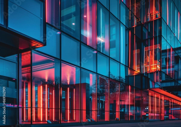 Fototapeta modern architecture with a lot of glass and neon lights