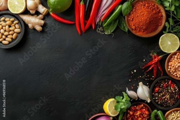 Obraz A dynamic Thai food explosion showcasing a variety of ingredients, with copy space