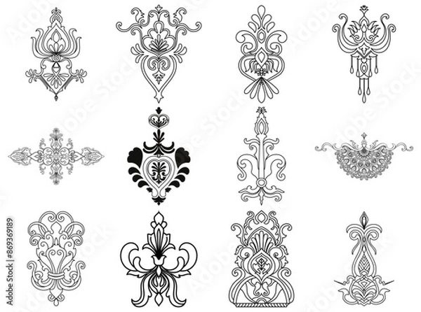 Fototapeta damask abstract element For use in assembling fabric patterns Wallpaper pattern consists of black lines on a white background.