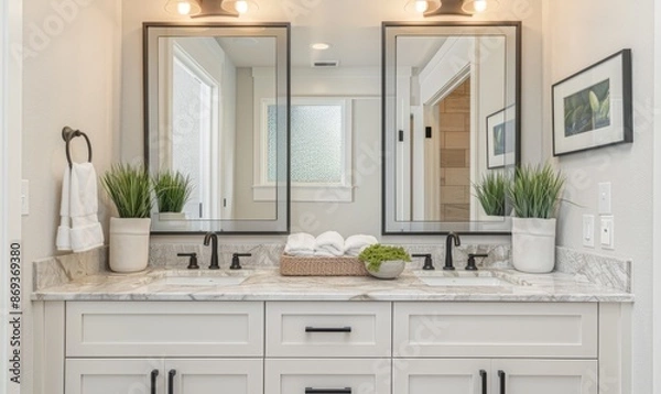 Fototapeta Cozy bathroom with a blank frame above the vanity