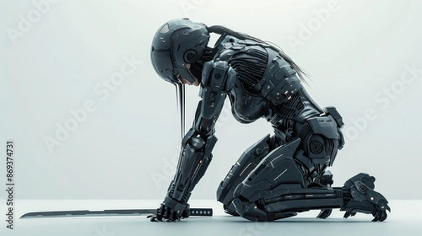 Fototapeta Sci-Fi Cyborg Samurai Girl with Katana in Futuristic Armor Suit