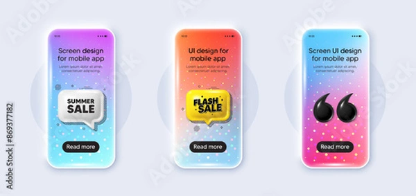 Fototapeta Phone 3d mockup gradient screen. Summer Sale tag. Special offer price sign. Advertising Discounts symbol. Summer sale phone mockup message. Flash sale chat speech bubble. Yellow text box app. Vector