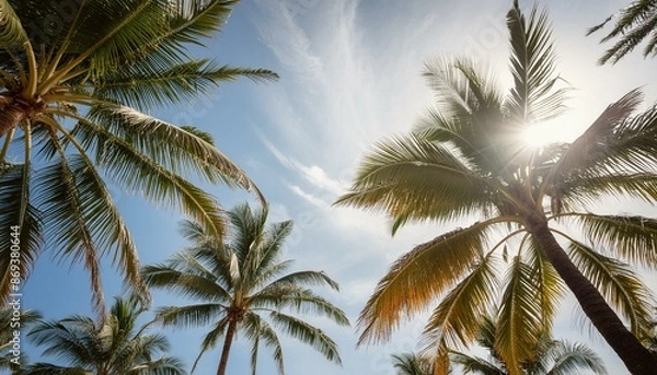 Fototapeta Exotic palm trees against the blue sky.
