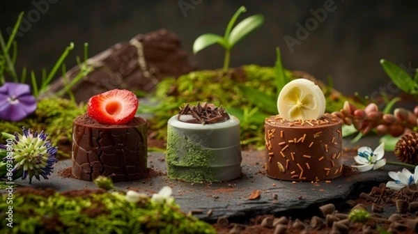 Fototapeta Gourmet desserts with chocolate and fruit