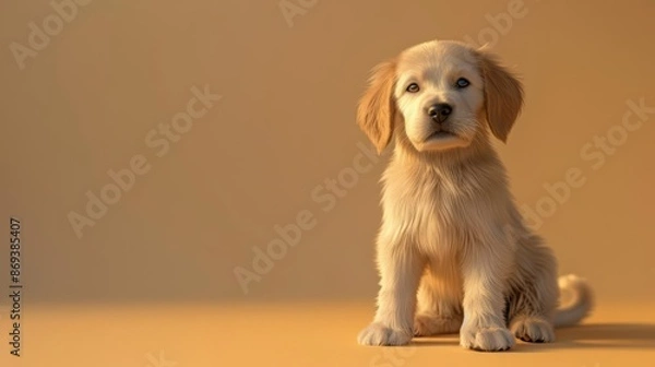 Fototapeta Highdefinition render of a cute puppy sitting on a solid beige background Space above for text Warm lighting highlighting the puppys fur