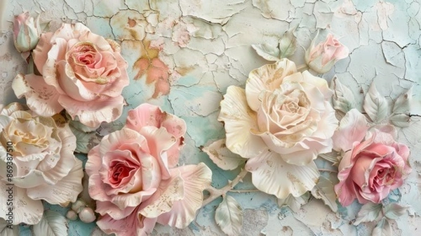 Fototapeta A wall with a floral design and a few roses
