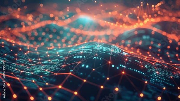 Fototapeta Digital representation of complex network structures and massive amounts of information for business intelligence.