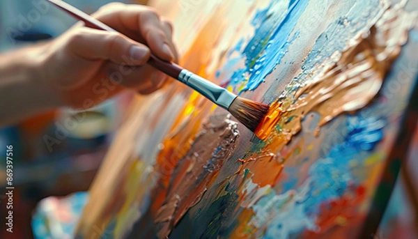 Fototapeta The art gallery is the stroke of a paintbrush on canvas: Picture an artist painting on a canvas, symbolizing the creativity and expression found in an art gallery