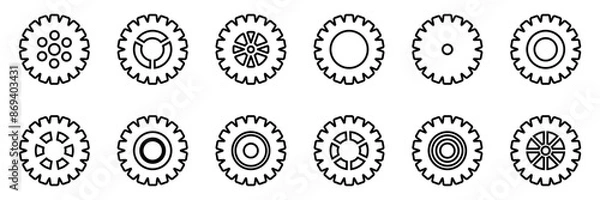 Fototapeta Gears icon set. Setting gears icon. Collection of mechanical outline cogwheels. Simple Gear wheel collection. Gear icons silhouette. Vector illustration with cogwheels sign set on white background.
