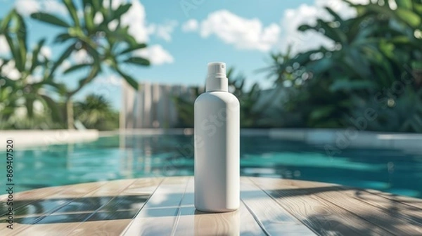 Fototapeta A white sunscreen bottle on a wooden table by a tropical pool, symbolizing summer skincare and sun protection.
