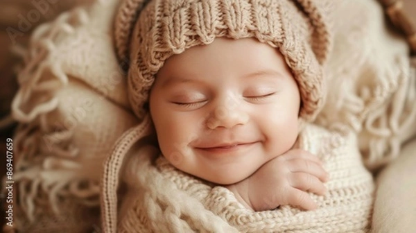 Obraz A sleeping baby wrapped in cozy blankets and wearing a knitted hat, creating a serene and heartwarming scene.