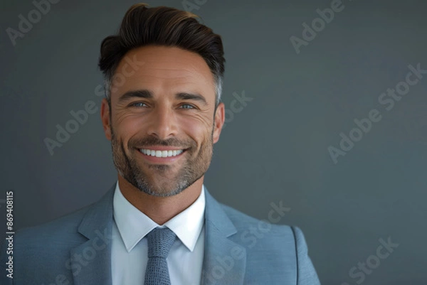 Fototapeta Confident businessman smiling. Emitting a sense of success and professionalism, this image is ideal for corporate websites, marketing materials, and business profiles