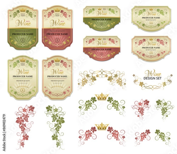 Obraz Large set of wine labels. Vector set of labels for wine, bunches of grapes and crown. Design of the wine logo.