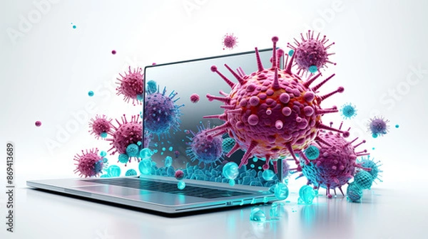 Fototapeta Colorful viruses emerging from laptop screen on white background