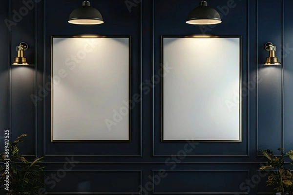 Fototapeta A chic office with a dark blue wall featuring two empty frames in a vertical arrangement, each highlighted by individual spotlights for a sophisticated touch.