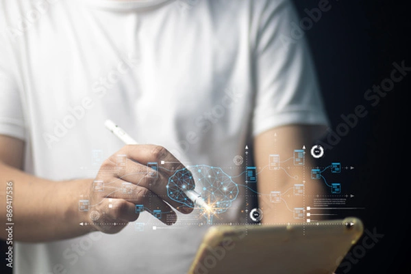 Obraz Businessman and robot touching AI digital screen. Concept icon: artificial intelligence, innovative technology, future, internet network communication. Financial graph.