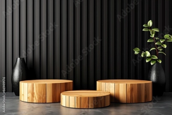 Obraz Black background with three round wooden podiums, minimalist interior design of modern show room in the style of minimalism and with wood elements