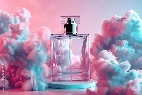 Obraz Commercial photography, perfume bottle on podium surrounded in the style of pastel smoke clouds, pink and blue color palette