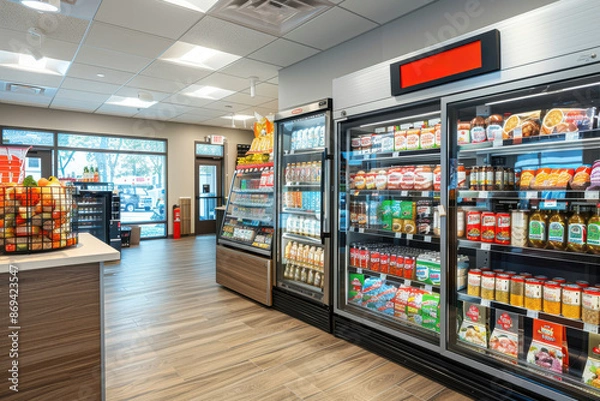 Fototapeta A store and vending machine with a lot of food and drinks