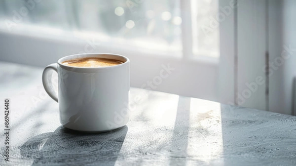 Fototapeta White coffee cup with frothy espresso on a sunlit table by a window