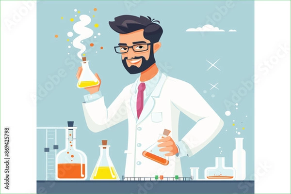 Obraz Scientist man in lab coat and glasses making experiment in chemical laboratory. Vector illustration. Scientist laboratory. Male in lab concept who making research.