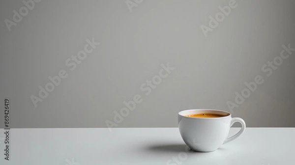 Fototapeta Minimalist coffee cup with hot espresso on a white table against a plain gray background