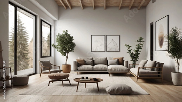Obraz Elegant and comfortable designed living room with big corner sofa, wooden floor and big windows