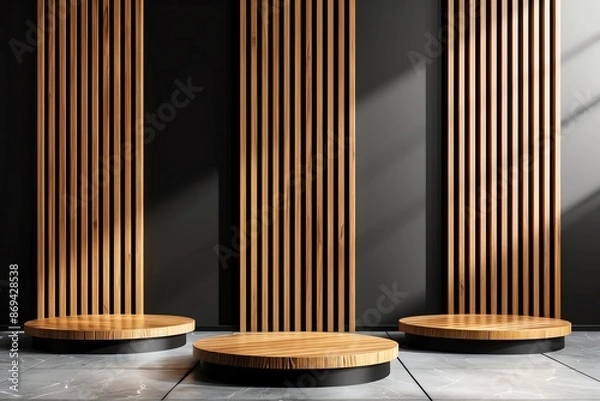 Obraz 3 round podiums on the floor with a dark background containing wood slats. A minimalistic interior design mock up for product presentation in the style of product presentation.
