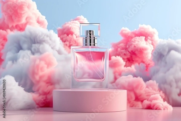 Obraz 3D product rendering, perfume bottle on the podium surrounded in the style of clouds of smoke