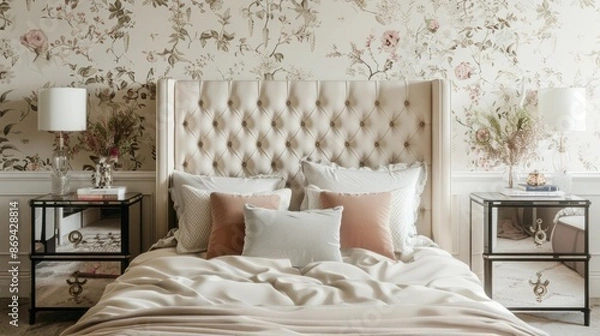 Fototapeta A chic bedroom with a tufted headboard, mirrored nightstands