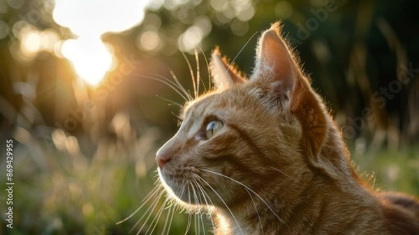 Fototapeta Golden hour cat portrait. A beautiful ginger tabby cat is bathed in the warm glow of the setting sun, creating a stunning portrait.