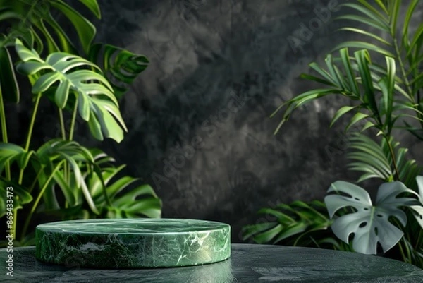 Obraz 3D rendering of a green podium with wood and plants on a dark background. Mockup for a product presentation. Green marble texture, circular shape in the style of circle shape.