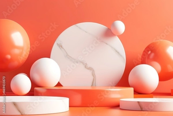 Obraz 3D rendered abstract background with white and pastel orange podium display, minimal geometric circular platform design element for product showcase in the style of minimal